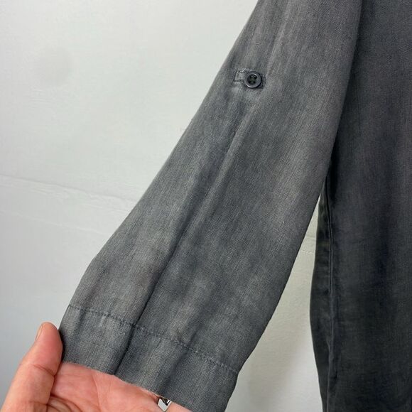 Side Stitch Linen Popover Tunic Top Blue Roll Tab Sleeve Pocket Collar Small - Picture 6 of 15